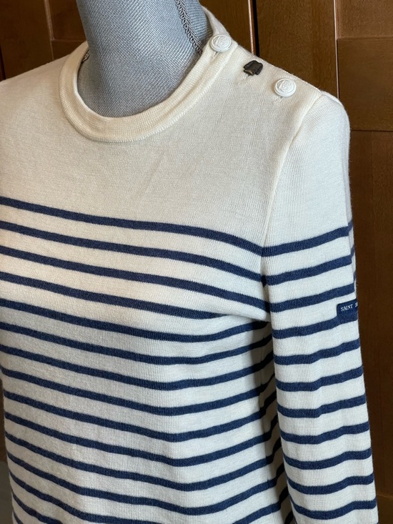 Saint James Sweaters - SAINT JAMES FRANCE Cream & Navy Nautical Striped Crewneck Wool Sweater, S (4-6)